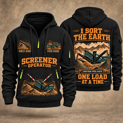 Chieftain 1700X 3-Deck Screener Operator quarter zip hoodie in Black, front and back views, sample YOUR NAME and SINCE 2000 artwork