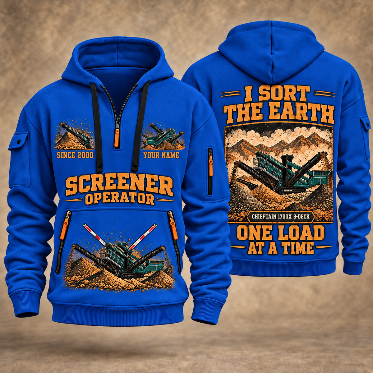 Chieftain 1700X 3-Deck Screener Operator quarter zip hoodie in Blue, front and back views, sample YOUR NAME and SINCE 2000 artwork