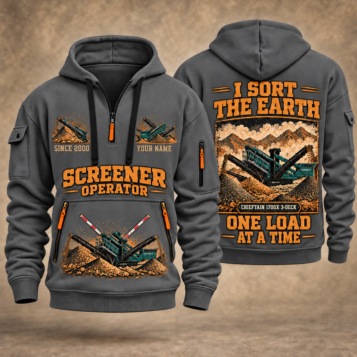 Chieftain 1700X 3-Deck Screener Operator quarter zip hoodie in Gray, front and back views, sample YOUR NAME and SINCE 2000 artwork