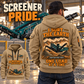 Chieftain 1700X 3-Deck Screener Operator quarter zip hoodie in Khaki, adult lifestyle portrait showing front and back artwork