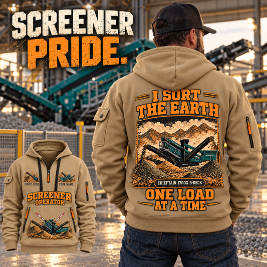 Chieftain 1700X 3-Deck Screener Operator quarter zip hoodie in Khaki, adult lifestyle portrait showing front and back artwork