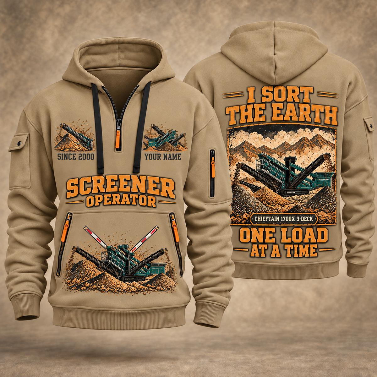 Chieftain 1700X 3-Deck Screener Operator quarter zip hoodie in Khaki, front and back views, sample YOUR NAME and SINCE 2000 artwork
