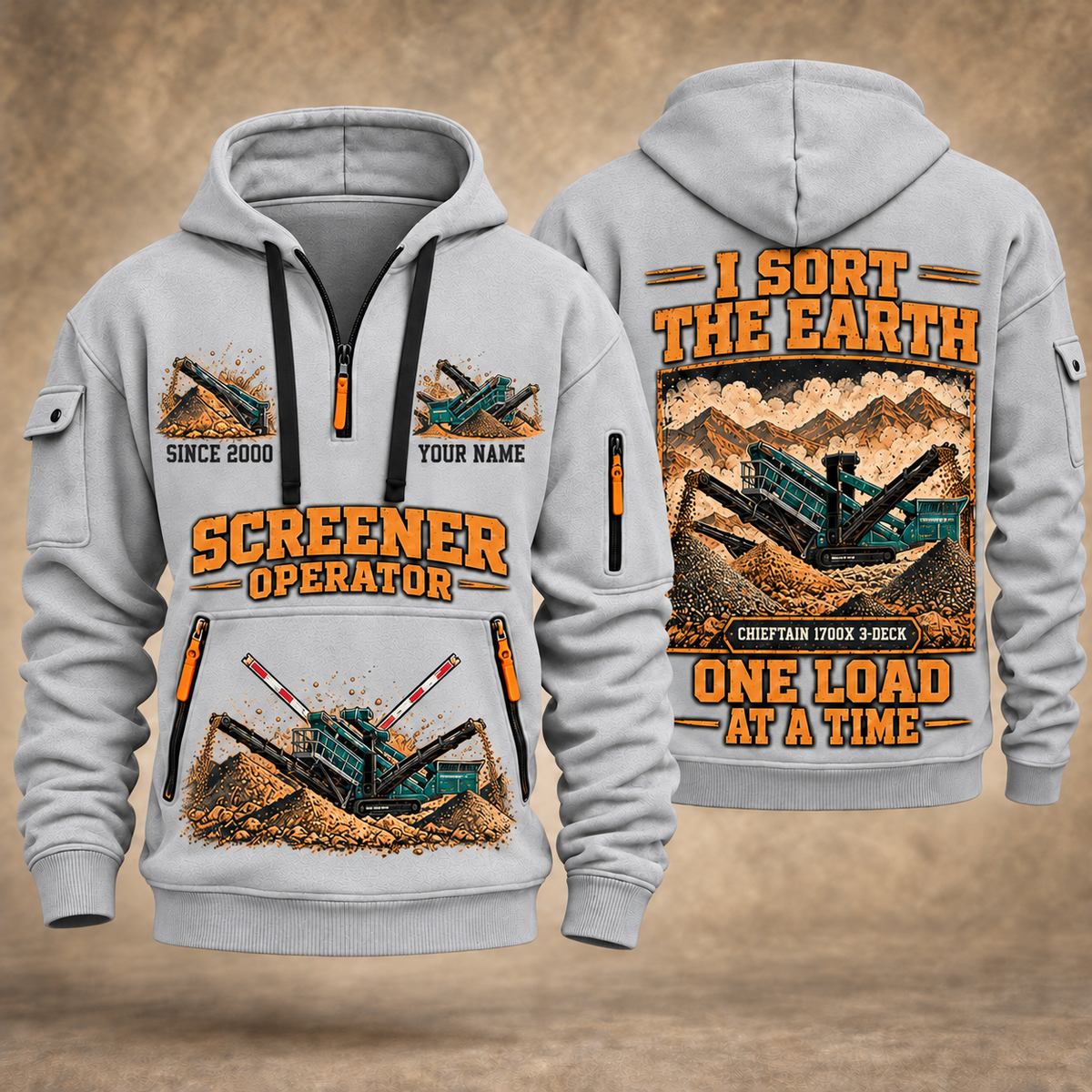 Chieftain 1700X 3-Deck Screener Operator quarter zip hoodie in Light Grey, front and back views, sample YOUR NAME and SINCE 2000 artwork