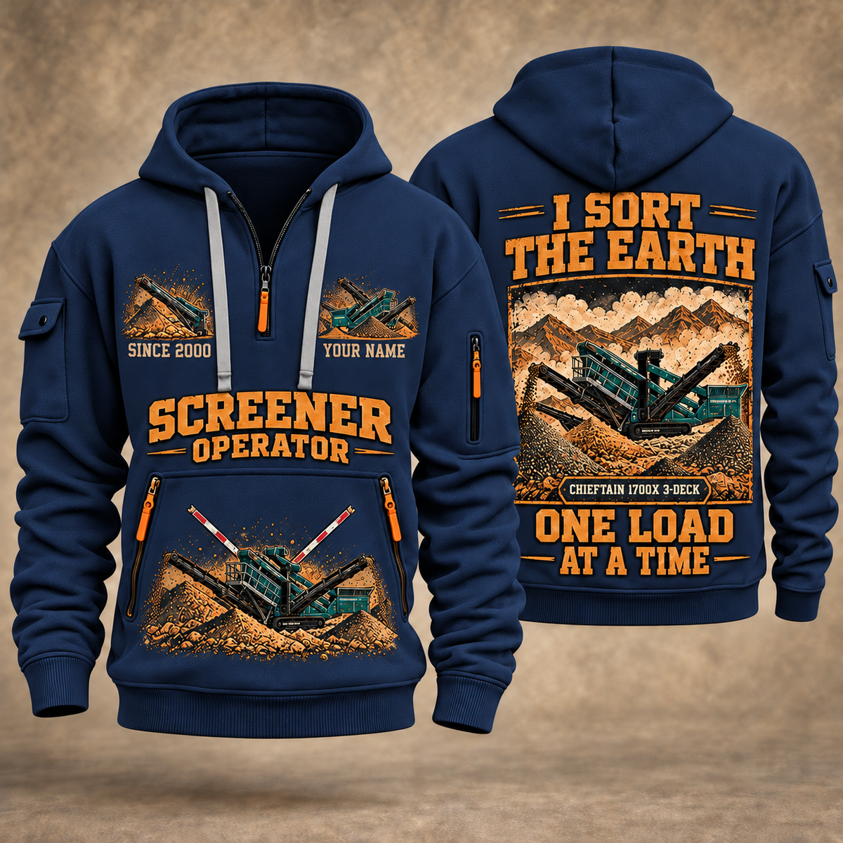 Chieftain 1700X 3-Deck Screener Operator quarter zip hoodie in Navy, front and back views, sample YOUR NAME and SINCE 2000 artwork