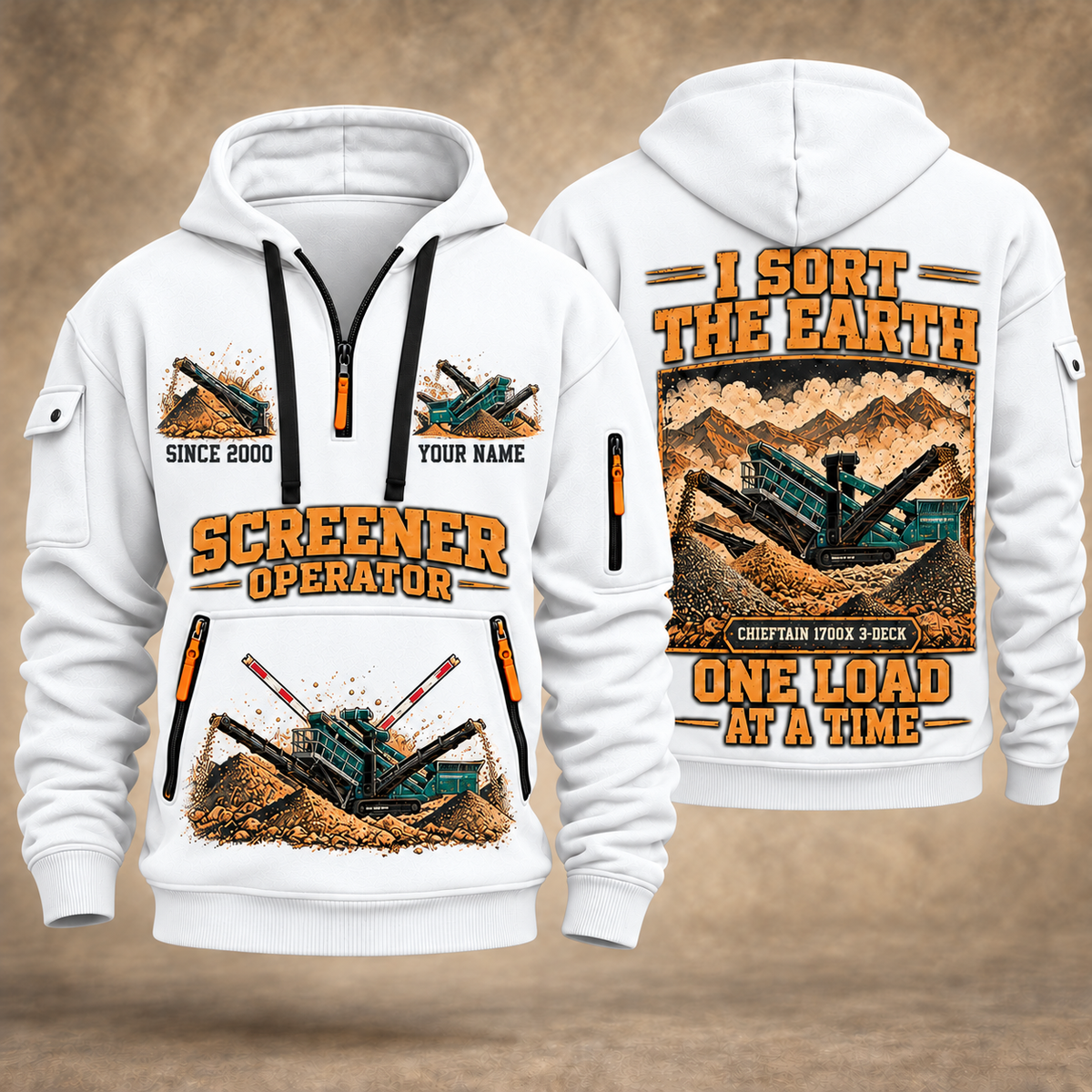 Chieftain 1700X 3-Deck Screener Operator quarter zip hoodie in White, front and back views, sample YOUR NAME and SINCE 2000 artwork