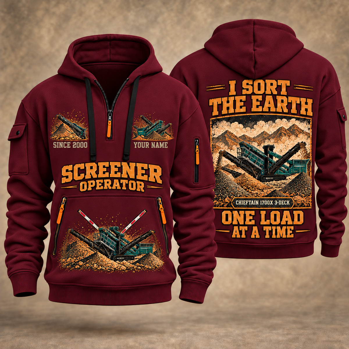 Chieftain 1700X 3-Deck Screener Operator quarter zip hoodie in Wine Red, front and back views, sample YOUR NAME and SINCE 2000 artwork