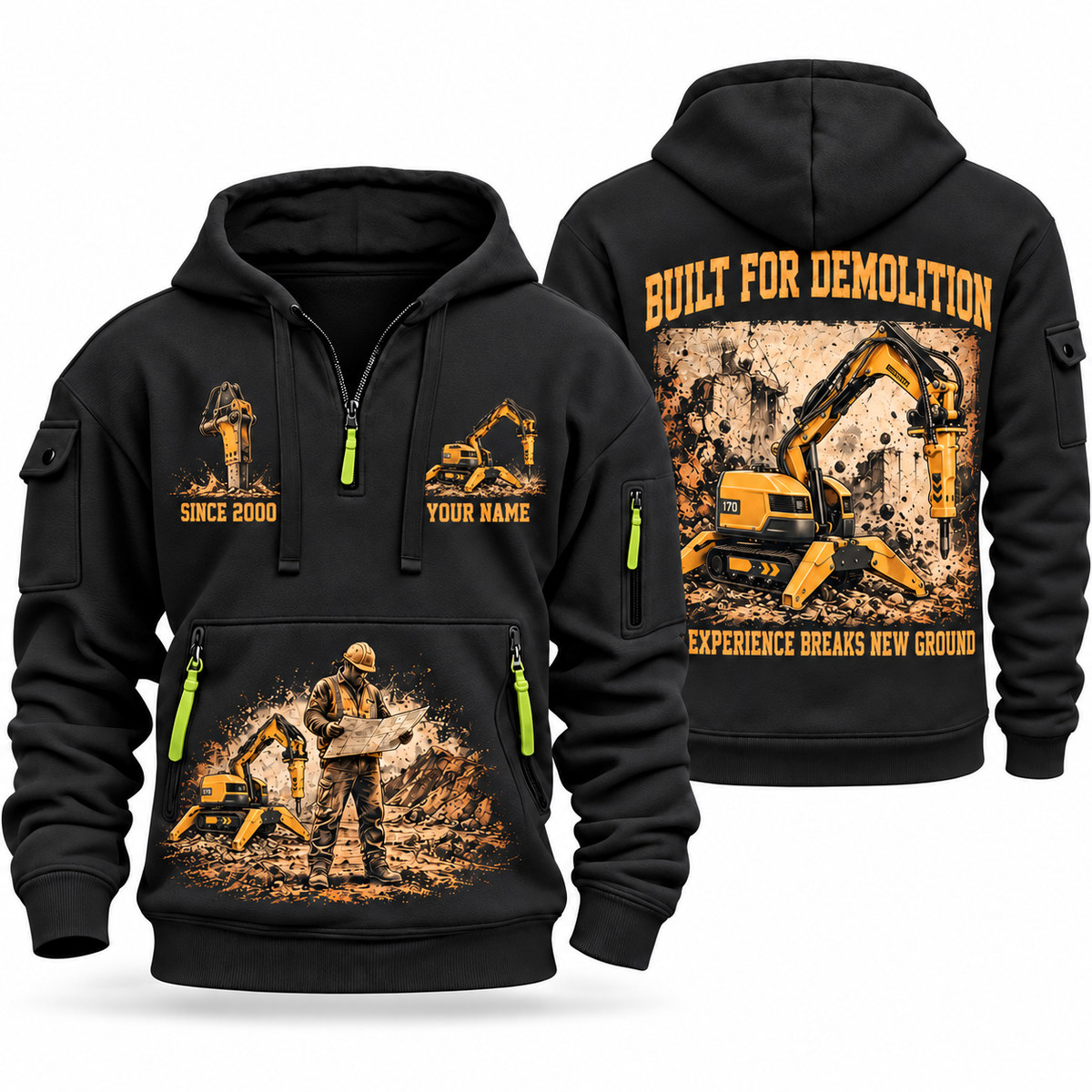 Brokk 170 Demolition Robot Operator quarter zip hoodie in Black, front and back views, sample YOUR NAME and SINCE 2000 artwork
