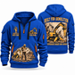 Brokk 170 Demolition Robot Operator quarter zip hoodie in Blue, front and back views, sample YOUR NAME and SINCE 2000 artwork