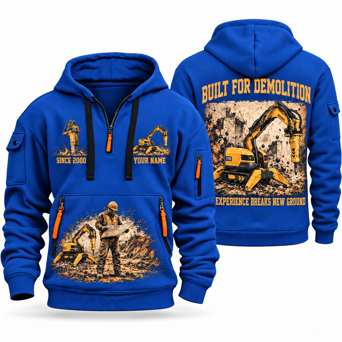 Brokk 170 Demolition Robot Operator quarter zip hoodie in Blue, front and back views, sample YOUR NAME and SINCE 2000 artwork