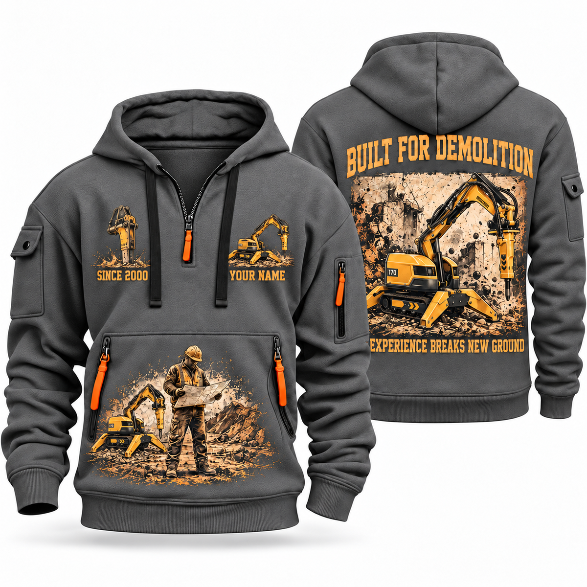 Brokk 170 Demolition Robot Operator quarter zip hoodie in Gray, front and back views, sample YOUR NAME and SINCE 2000 artwork