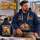 Brokk 170 Demolition Robot Operator quarter zip hoodie in Navy, adult lifestyle portrait showing front and back artwork