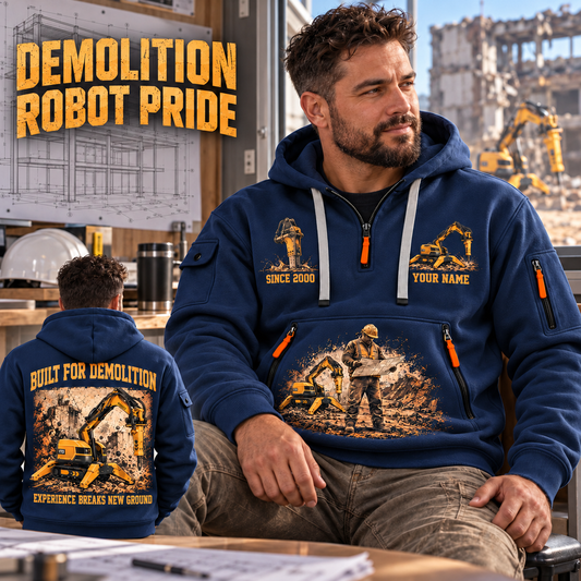 Brokk 170 Demolition Robot Operator quarter zip hoodie in Navy, adult lifestyle portrait showing front and back artwork