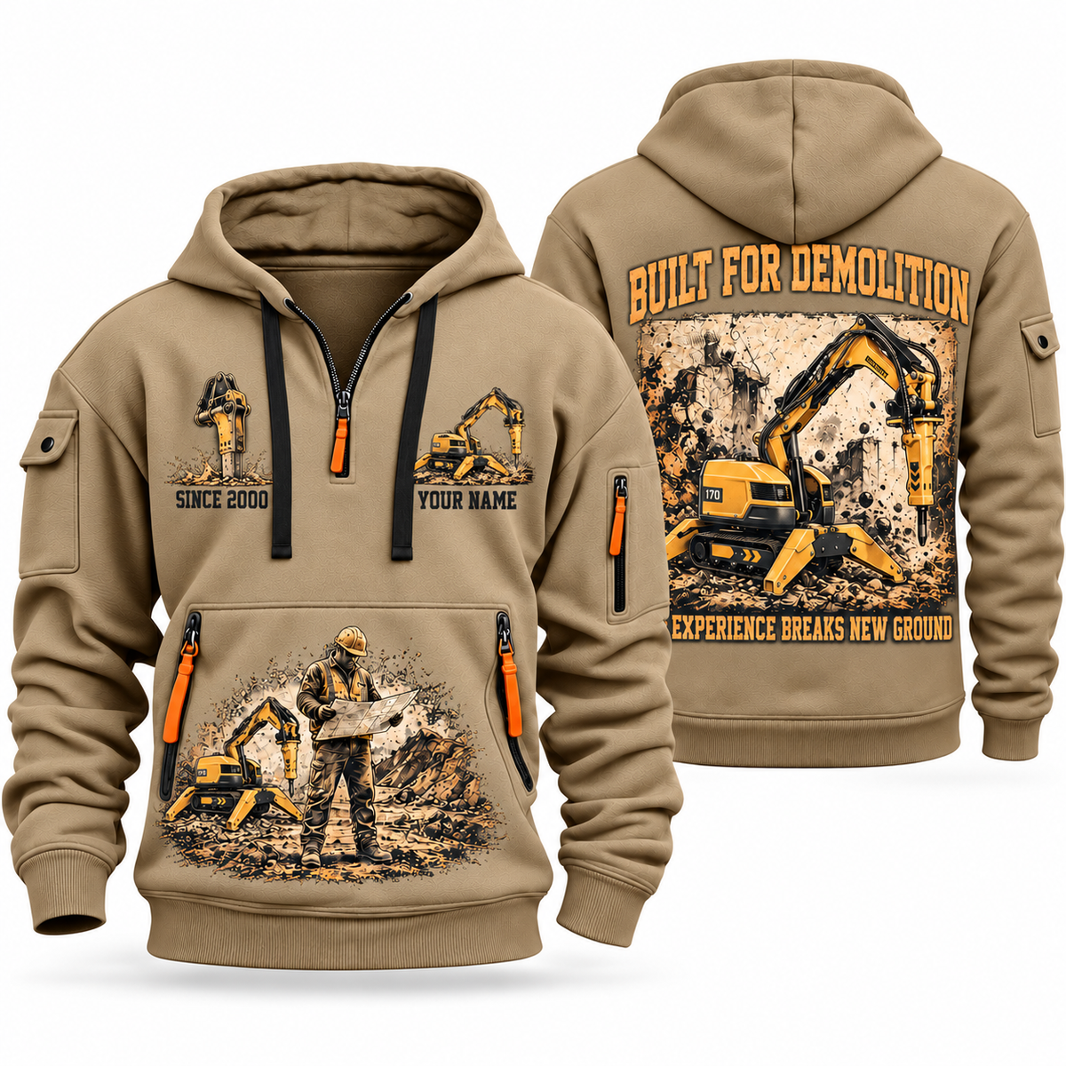 Brokk 170 Demolition Robot Operator quarter zip hoodie in Khaki, front and back views, sample YOUR NAME and SINCE 2000 artwork