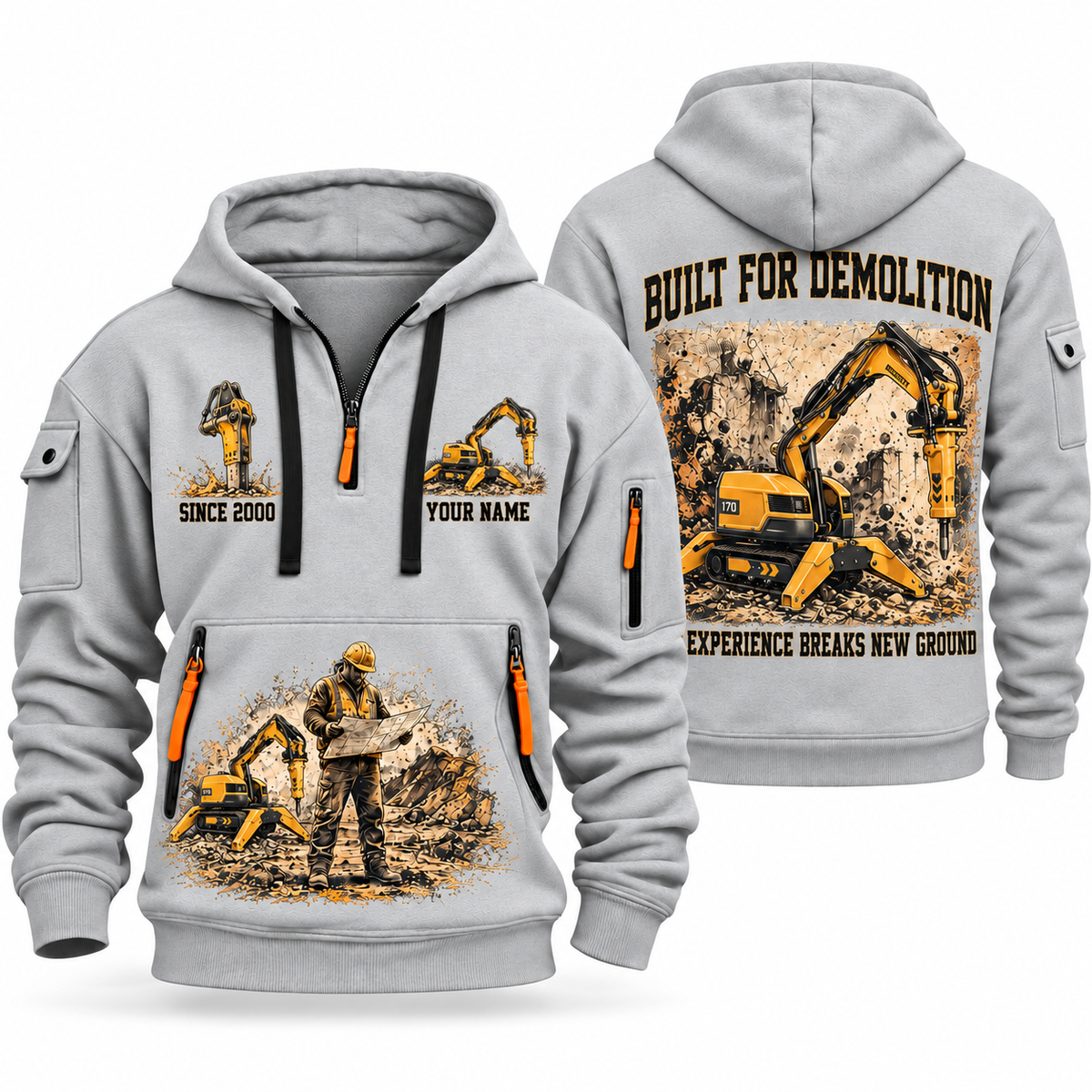 Brokk 170 Demolition Robot Operator quarter zip hoodie in Light Grey, front and back views, sample YOUR NAME and SINCE 2000 artwork