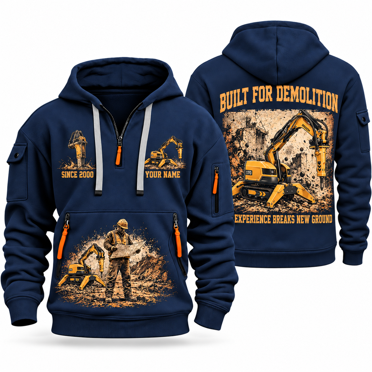 Brokk 170 Demolition Robot Operator quarter zip hoodie in Navy, front and back views, sample YOUR NAME and SINCE 2000 artwork