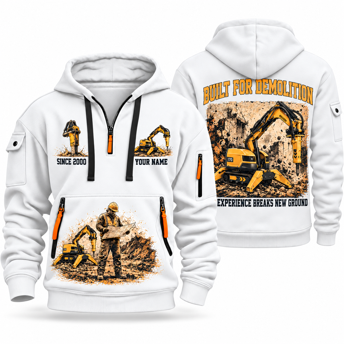 Brokk 170 Demolition Robot Operator quarter zip hoodie in White, front and back views, sample YOUR NAME and SINCE 2000 artwork