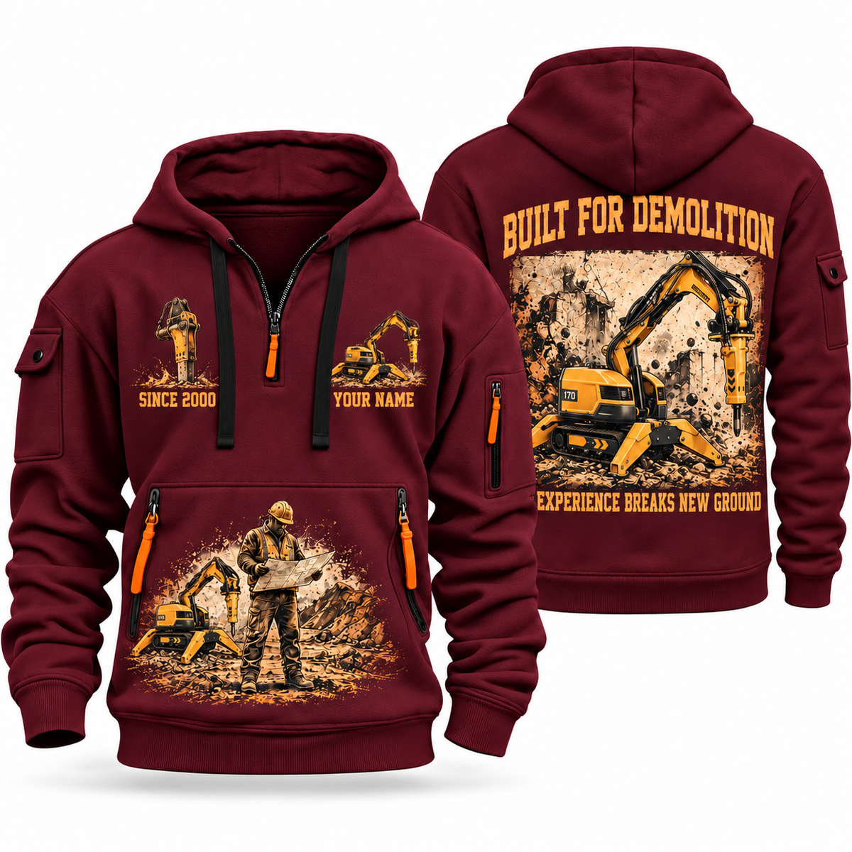 Brokk 170 Demolition Robot Operator quarter zip hoodie in Wine Red, front and back views, sample YOUR NAME and SINCE 2000 artwork