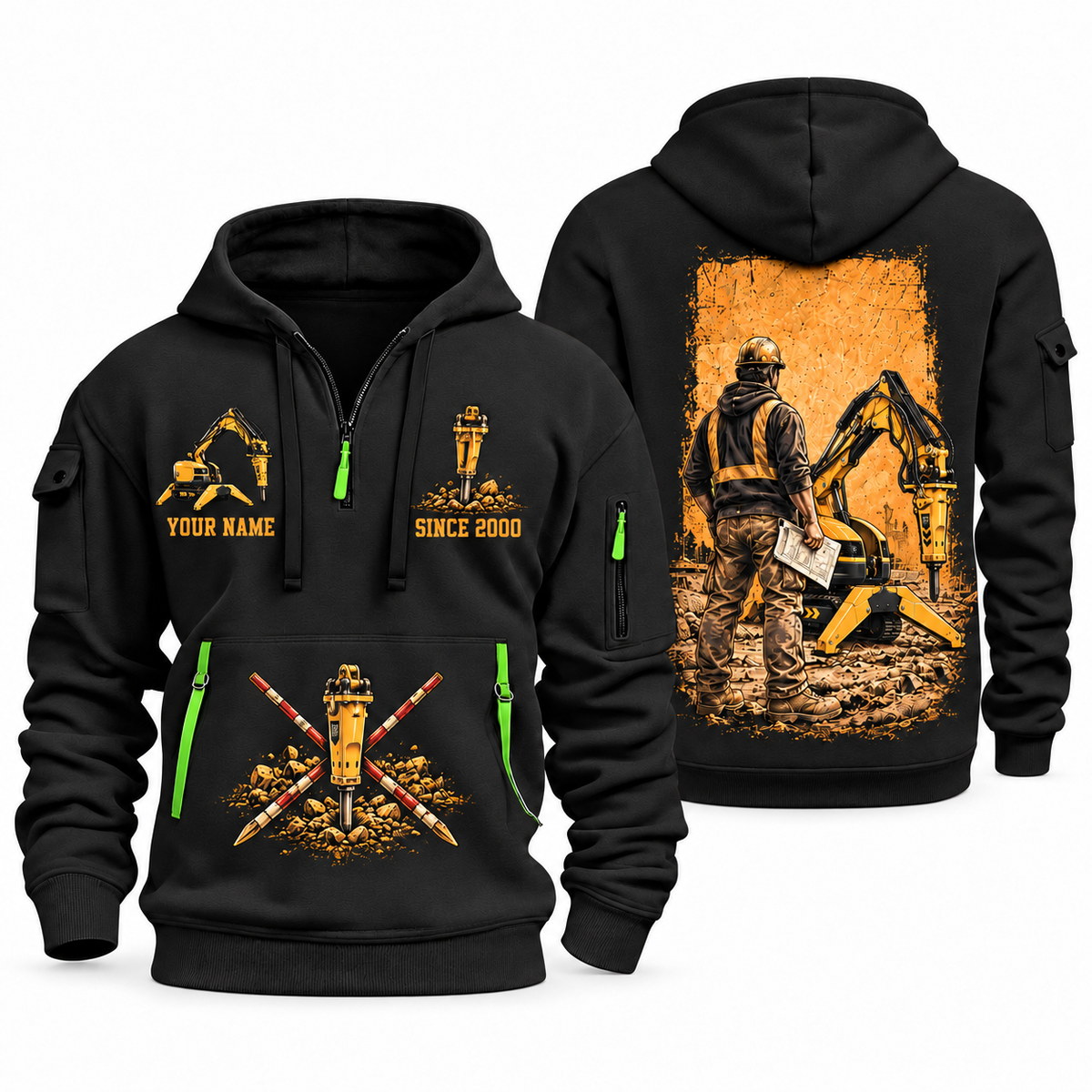 Brokk 200 Demolition Robot Operator quarter zip hoodie in Black, front and back views, sample YOUR NAME and SINCE 2000 artwork
