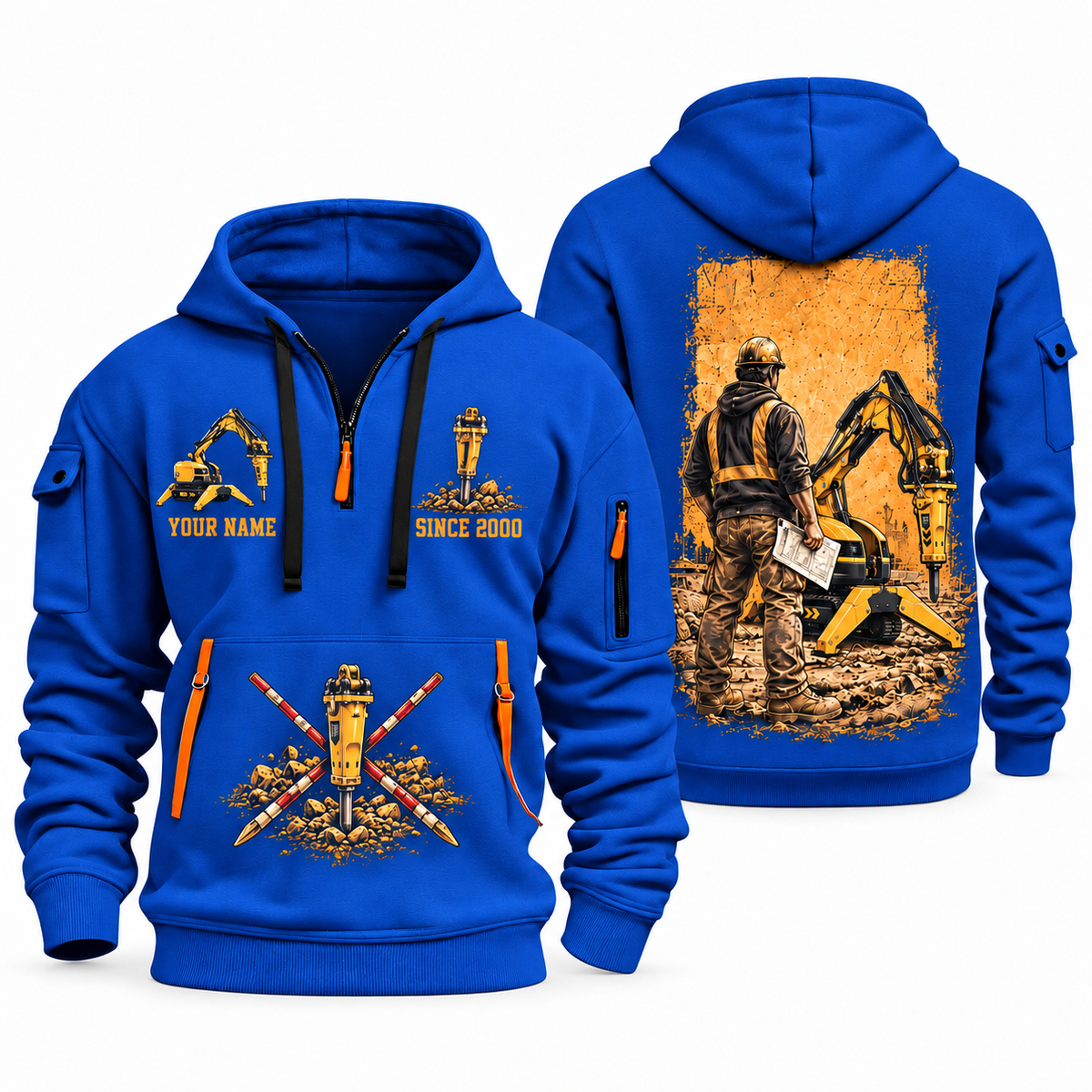 Brokk 200 Demolition Robot Operator quarter zip hoodie in Blue, front and back views, sample YOUR NAME and SINCE 2000 artwork