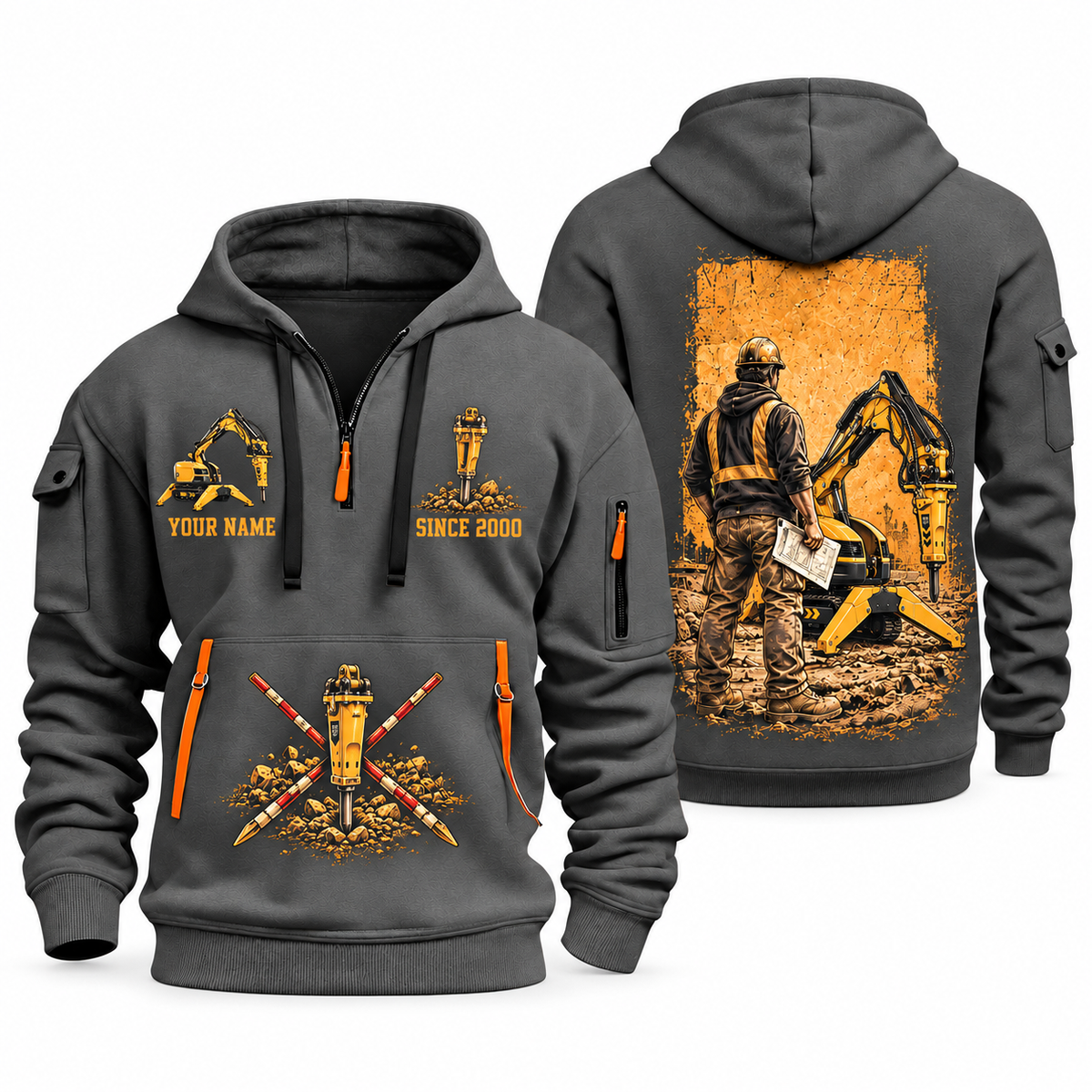 Brokk 200 Demolition Robot Operator quarter zip hoodie in Gray, front and back views, sample YOUR NAME and SINCE 2000 artwork