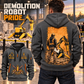 Brokk 200 Demolition Robot Operator quarter zip hoodie in Gray, adult lifestyle portrait showing front and back artwork