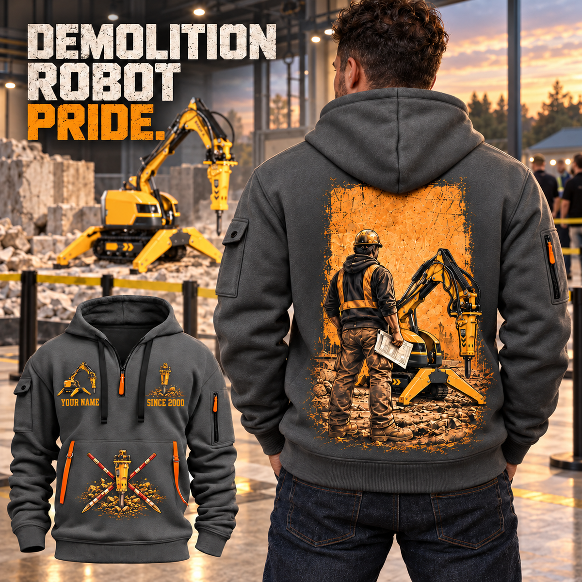 Brokk 200 Demolition Robot Operator quarter zip hoodie in Gray, adult lifestyle portrait showing front and back artwork