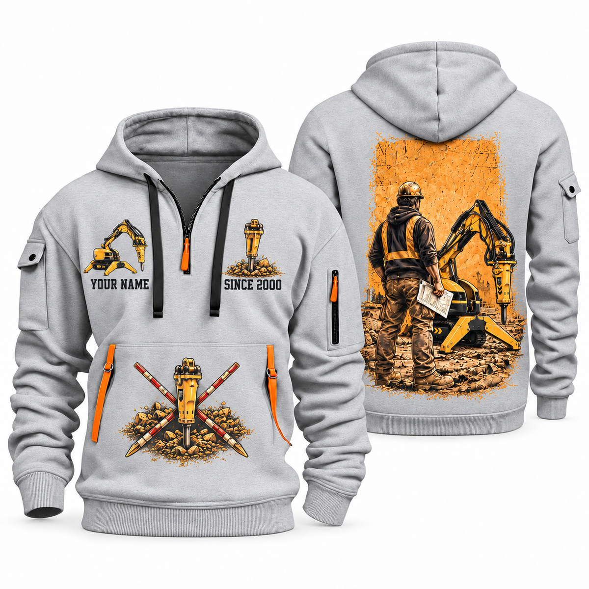 Brokk 200 Demolition Robot Operator quarter zip hoodie in Light Grey, front and back views, sample YOUR NAME and SINCE 2000 artwork