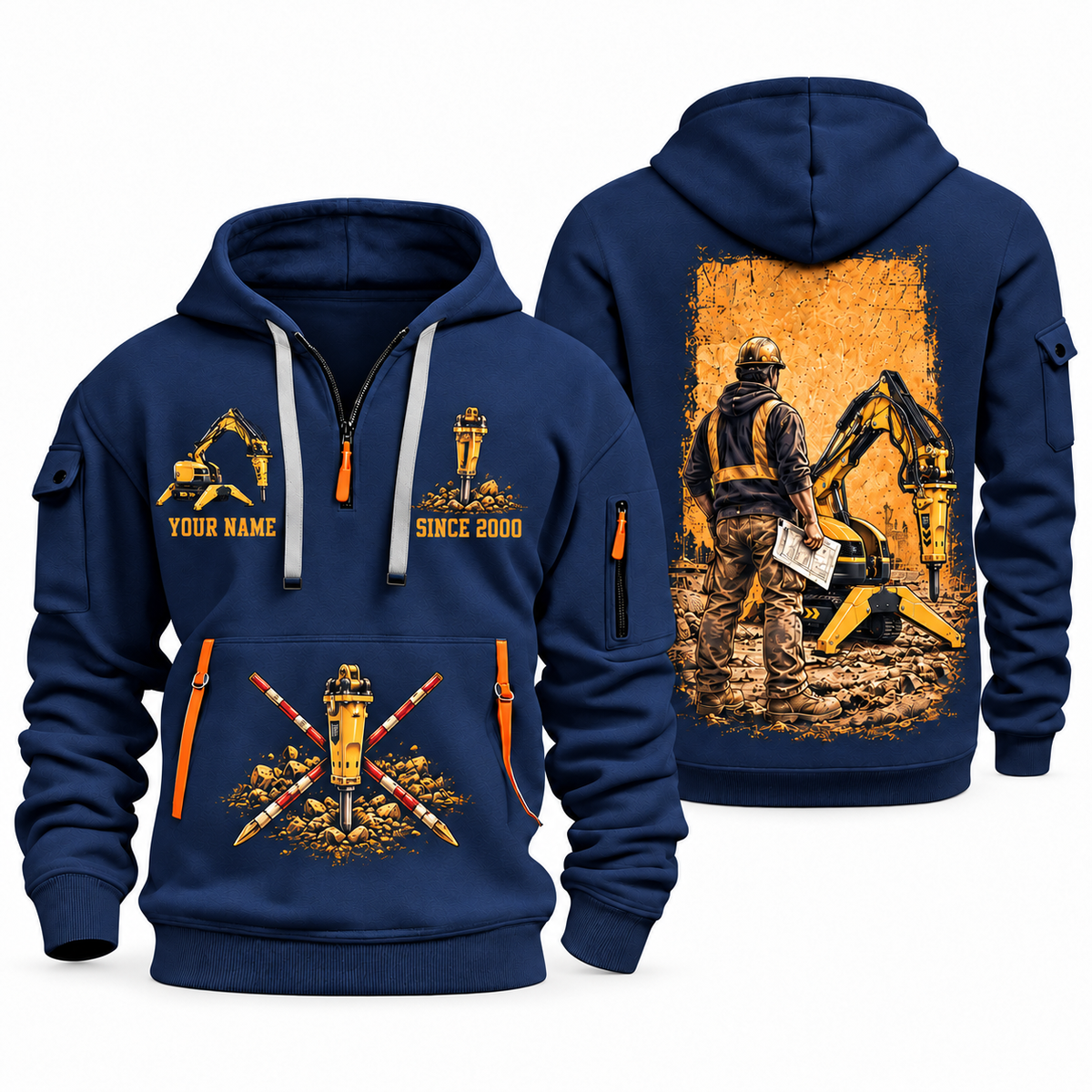 Brokk 200 Demolition Robot Operator quarter zip hoodie in Navy, front and back views, sample YOUR NAME and SINCE 2000 artwork