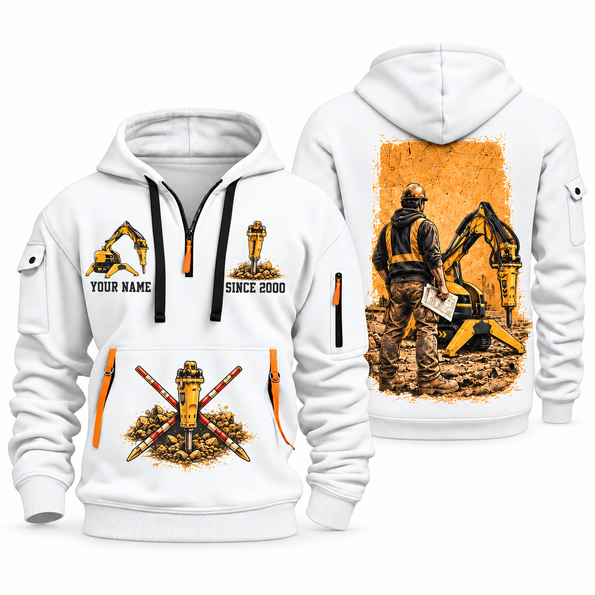 Brokk 200 Demolition Robot Operator quarter zip hoodie in White, front and back views, sample YOUR NAME and SINCE 2000 artwork