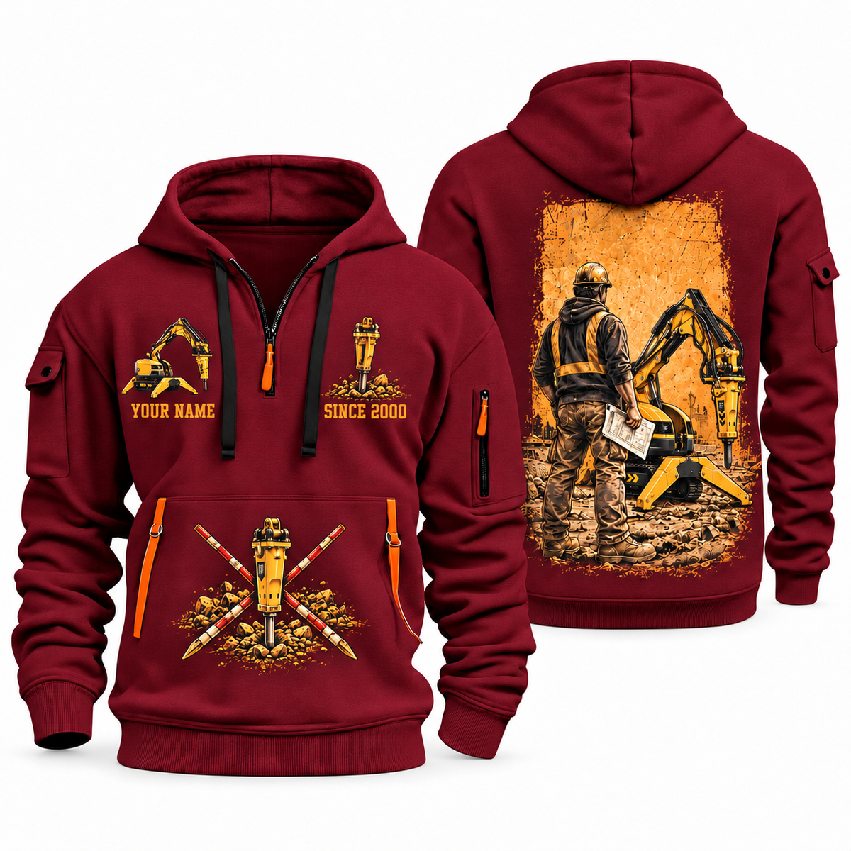 Brokk 200 Demolition Robot Operator quarter zip hoodie in Wine Red, front and back views, sample YOUR NAME and SINCE 2000 artwork