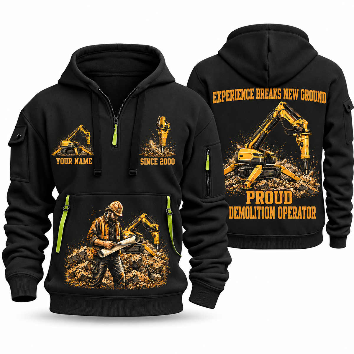 Brokk 300 Demolition Robot Operator quarter zip hoodie in Black, front and back views, sample YOUR NAME and SINCE 2000 artwork