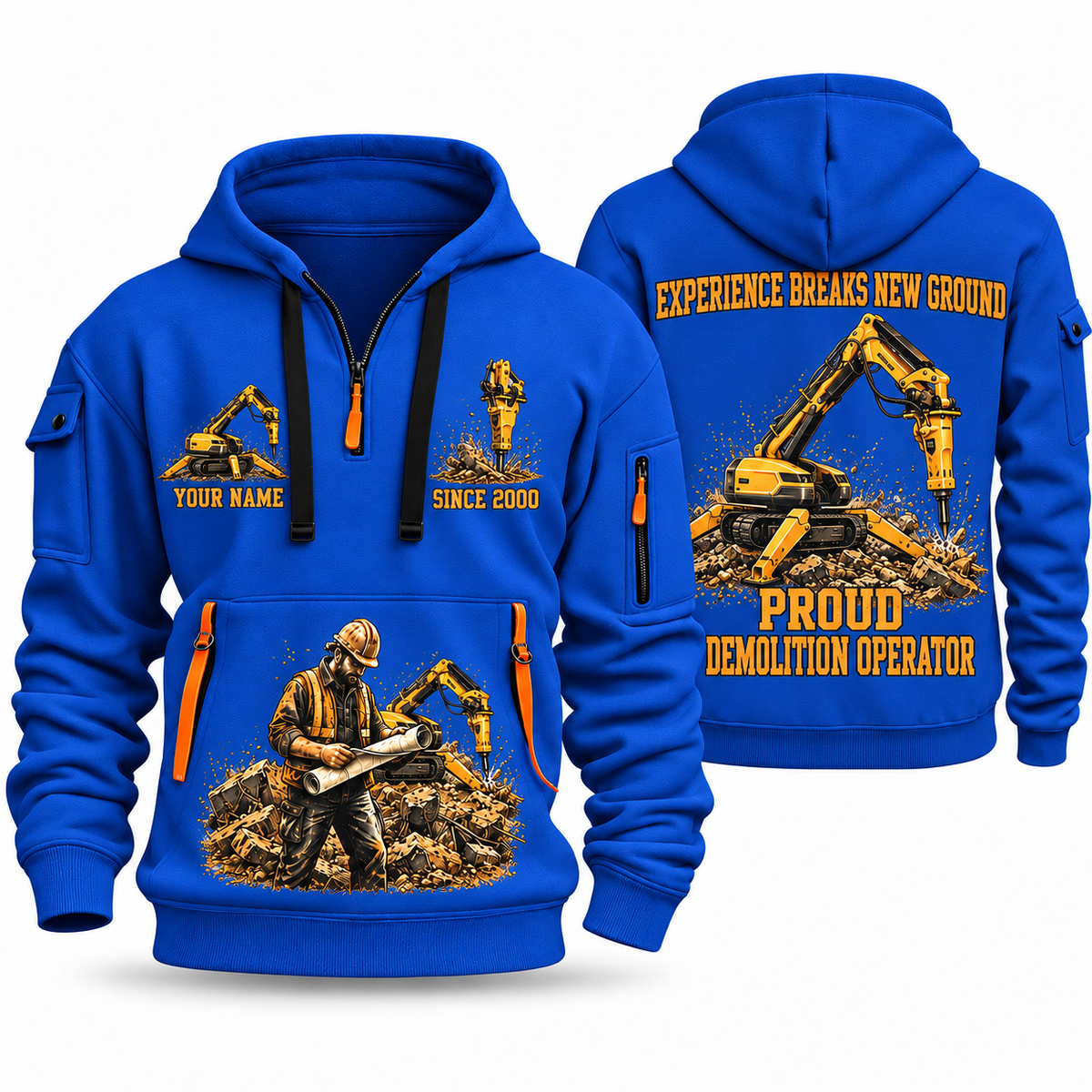 Brokk 300 Demolition Robot Operator quarter zip hoodie in Blue, front and back views, sample YOUR NAME and SINCE 2000 artwork