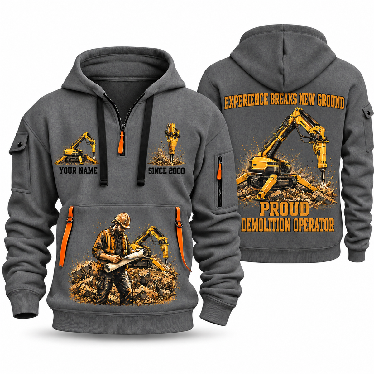 Brokk 300 Demolition Robot Operator quarter zip hoodie in Gray, front and back views, sample YOUR NAME and SINCE 2000 artwork