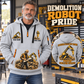 Brokk 300 Demolition Robot Operator quarter zip hoodie in Light Grey, adult lifestyle portrait showing front and back artwork