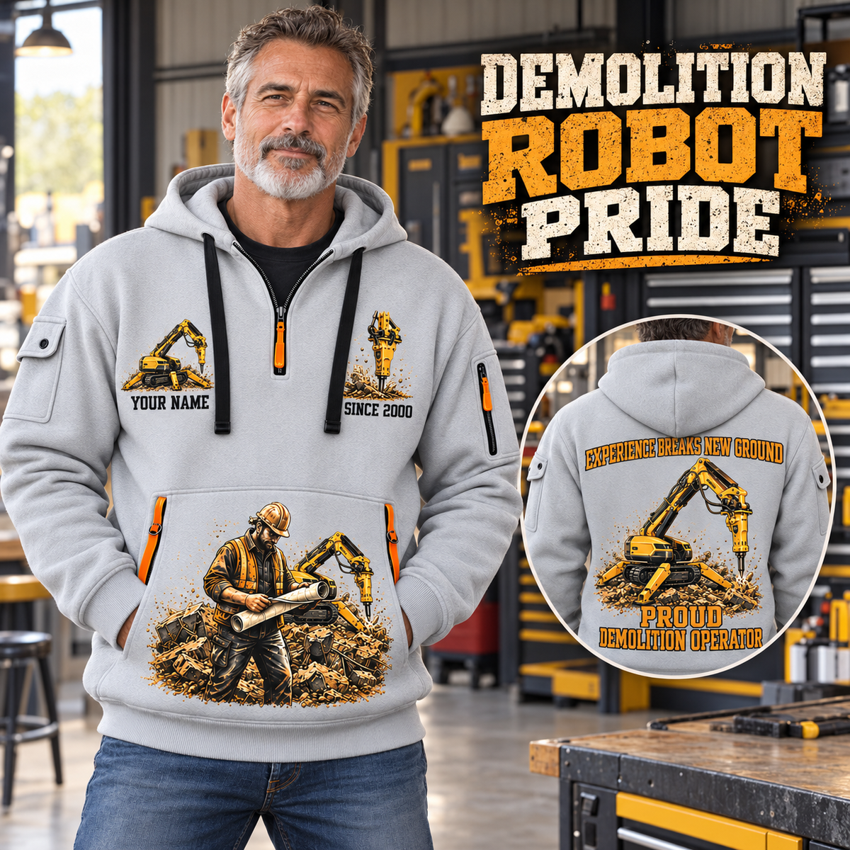 Brokk 300 Demolition Robot Operator quarter zip hoodie in Light Grey, adult lifestyle portrait showing front and back artwork