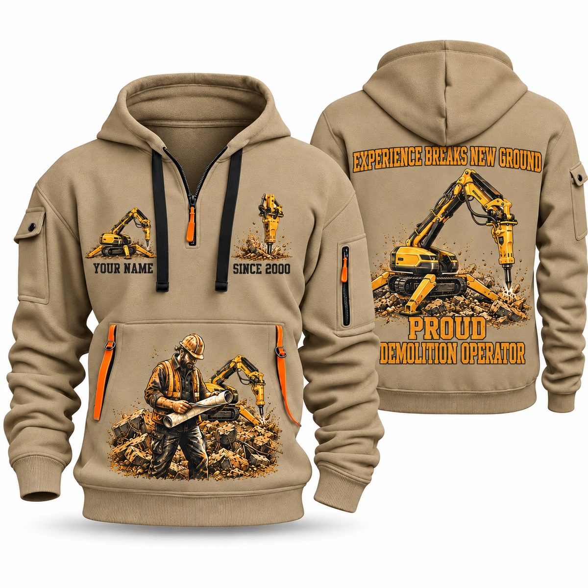 Brokk 300 Demolition Robot Operator quarter zip hoodie in Khaki, front and back views, sample YOUR NAME and SINCE 2000 artwork