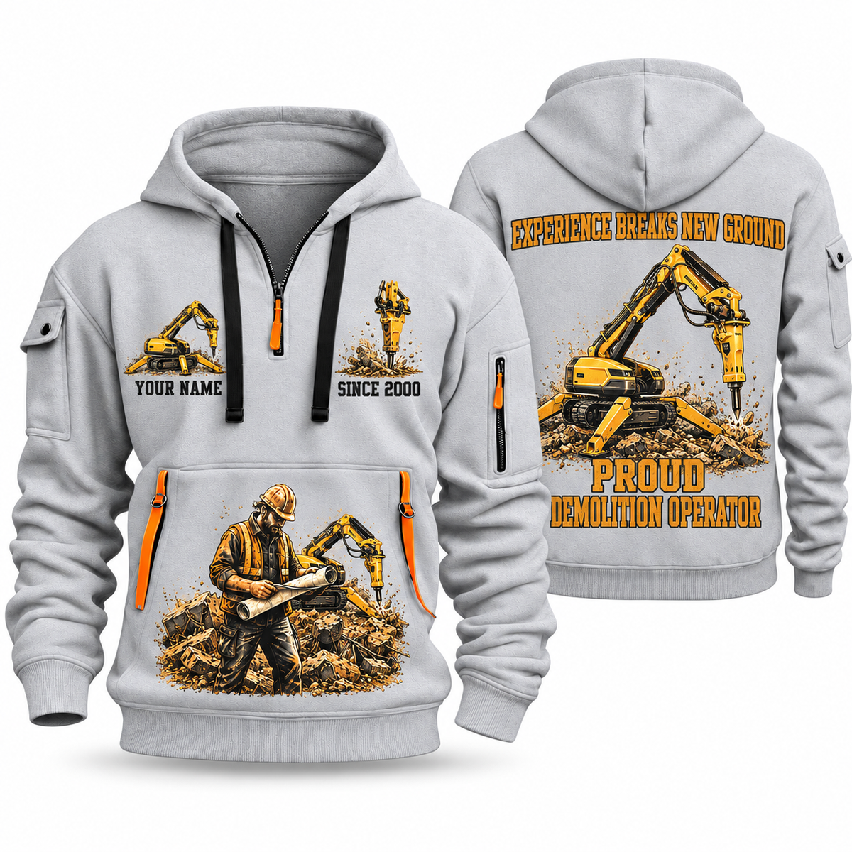 Brokk 300 Demolition Robot Operator quarter zip hoodie in Light Grey, front and back views, sample YOUR NAME and SINCE 2000 artwork