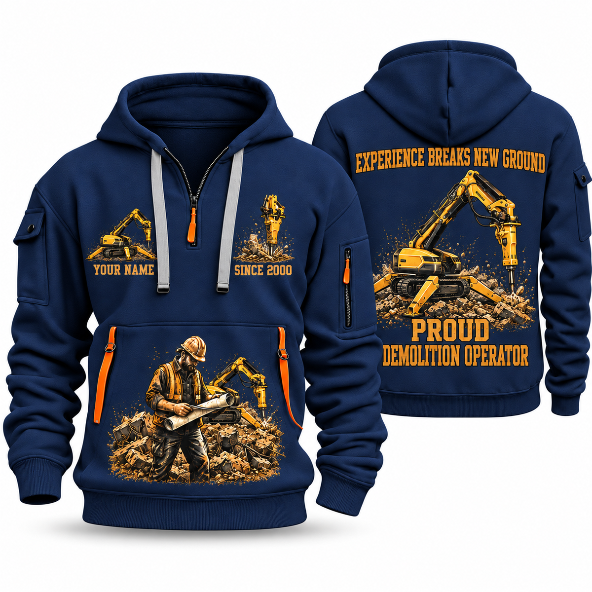 Brokk 300 Demolition Robot Operator quarter zip hoodie in Navy, front and back views, sample YOUR NAME and SINCE 2000 artwork