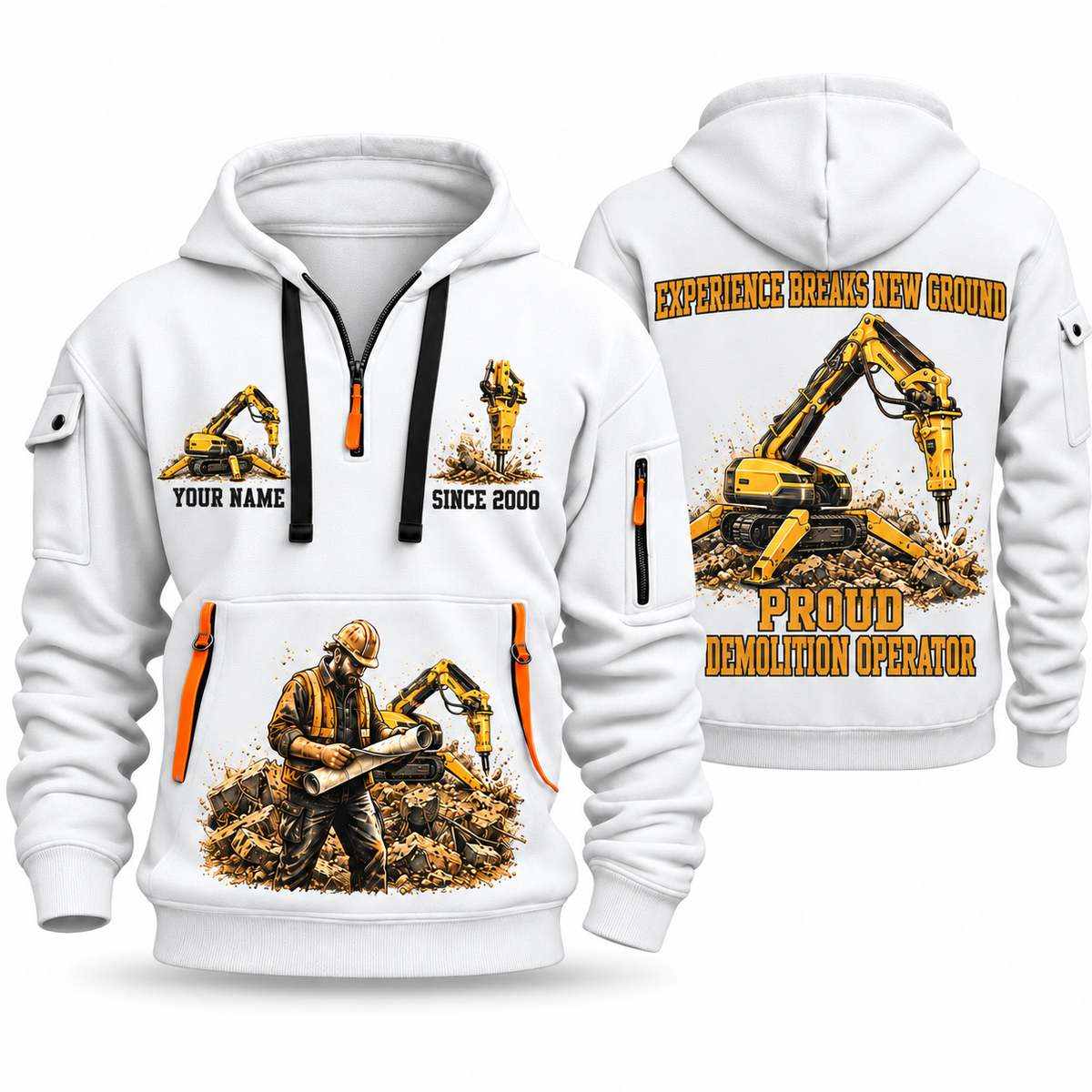 Brokk 300 Demolition Robot Operator quarter zip hoodie in White, front and back views, sample YOUR NAME and SINCE 2000 artwork