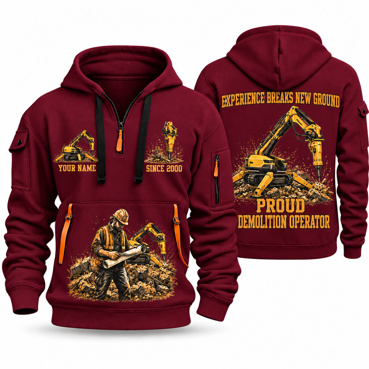 Brokk 300 Demolition Robot Operator quarter zip hoodie in Wine Red, front and back views, sample YOUR NAME and SINCE 2000 artwork