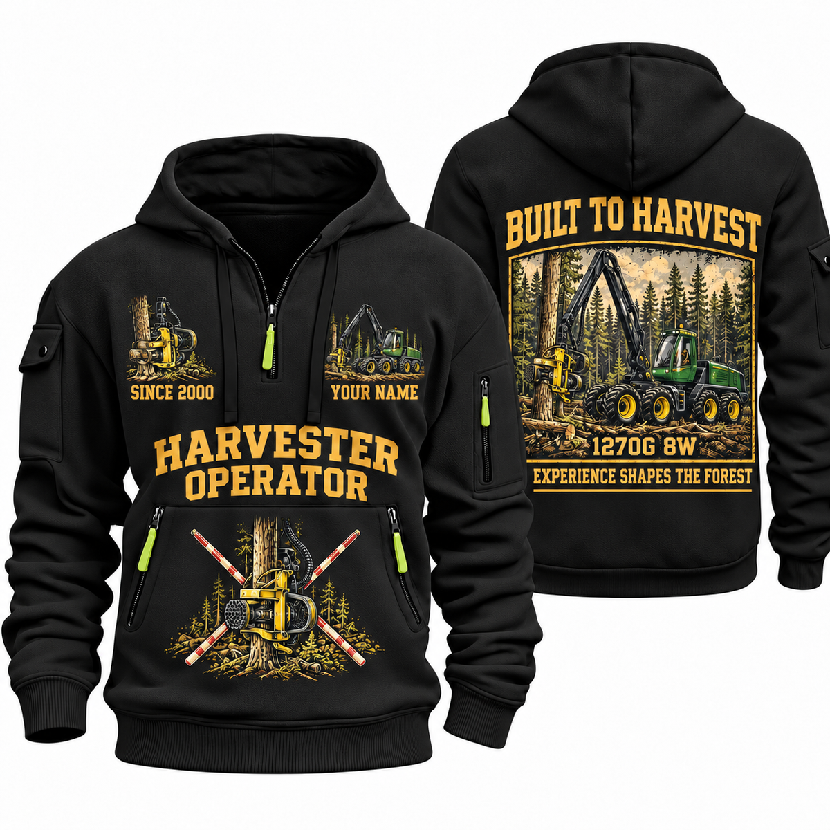 John Deere 1270G 8W Harvester Operator quarter zip hoodie in Black, front and back views, sample YOUR NAME and SINCE 2000 artwork