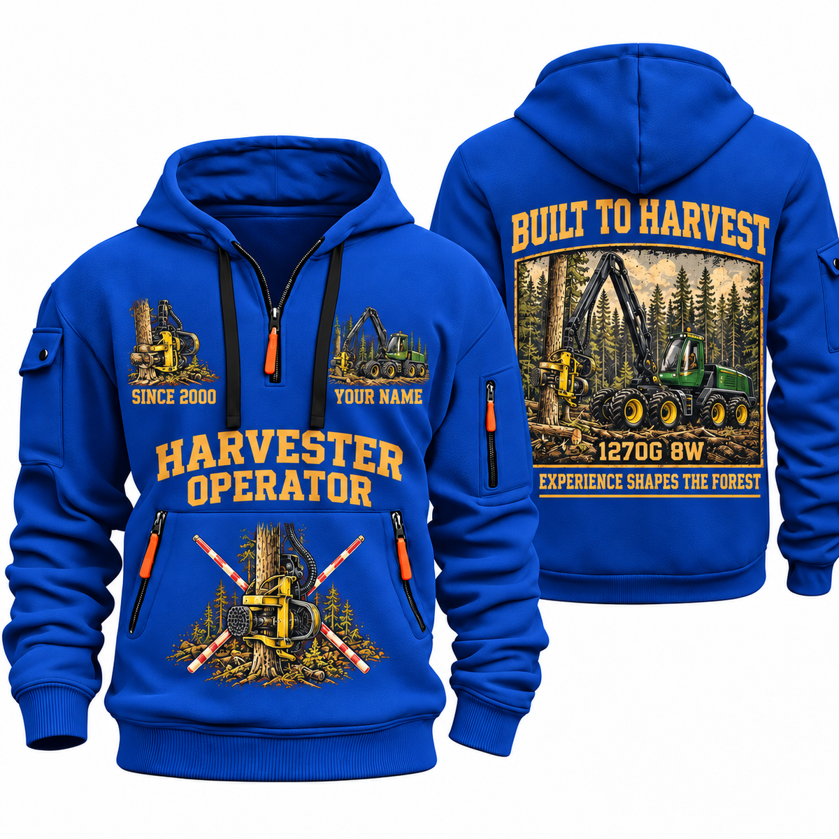 John Deere 1270G 8W Harvester Operator quarter zip hoodie in Blue, front and back views, sample YOUR NAME and SINCE 2000 artwork