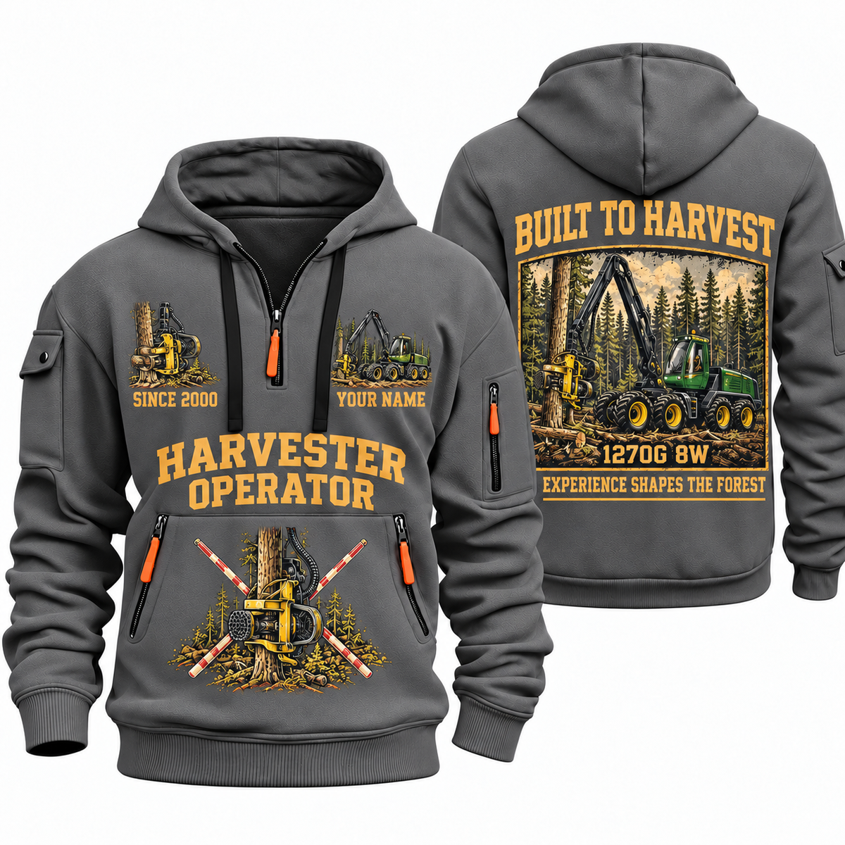 John Deere 1270G 8W Harvester Operator quarter zip hoodie in Gray, front and back views, sample YOUR NAME and SINCE 2000 artwork