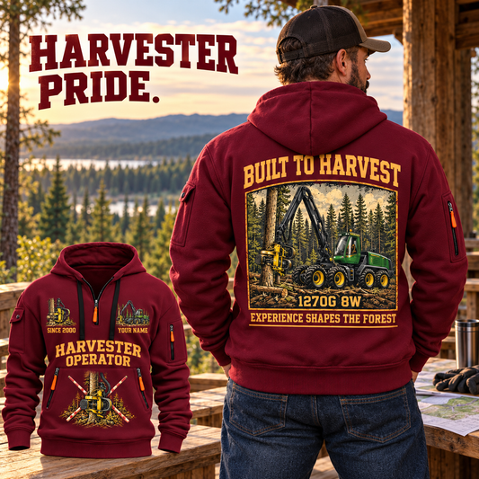 John Deere 1270G 8W Harvester Operator quarter zip hoodie in Wine Red, adult lifestyle portrait showing front and back artwork