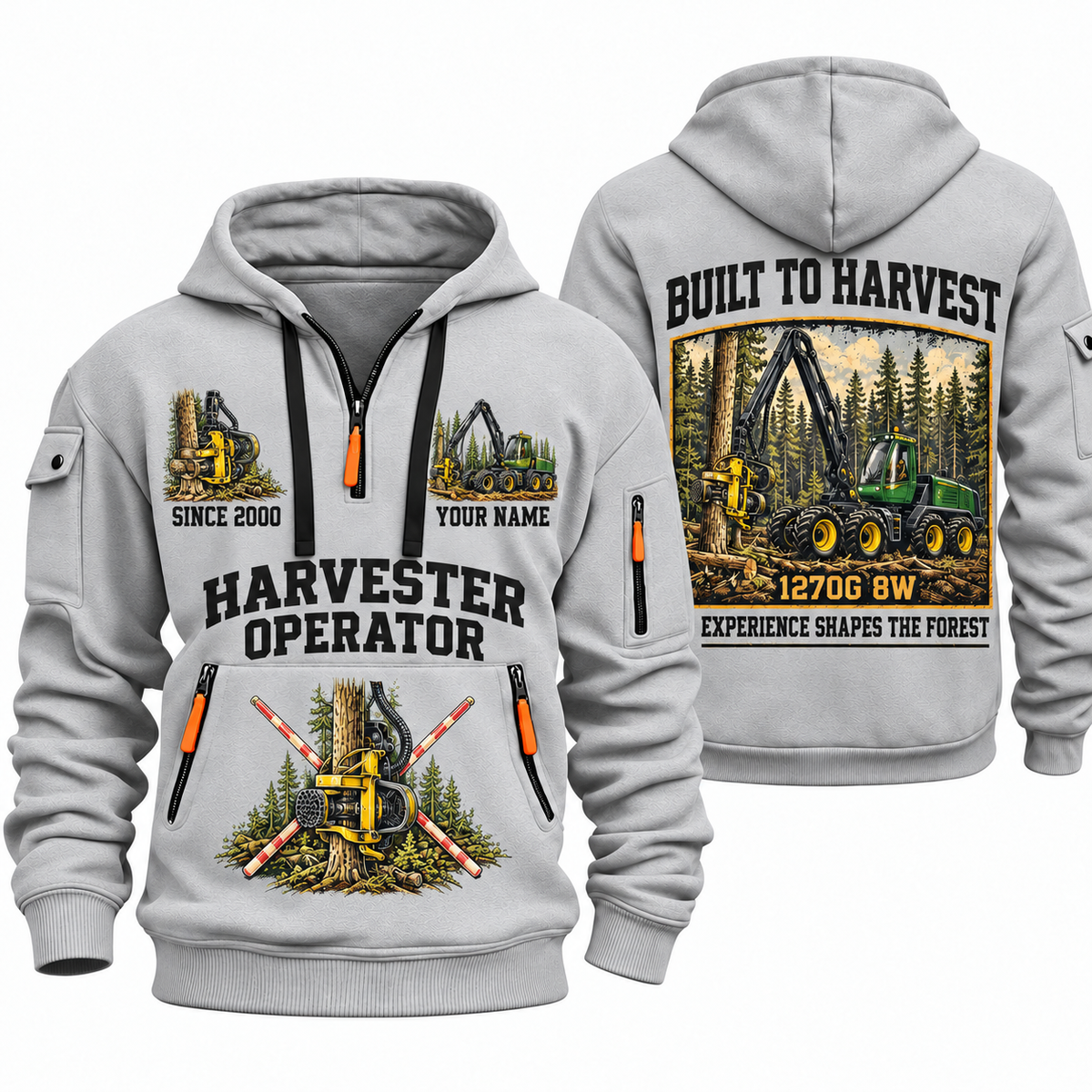 John Deere 1270G 8W Harvester Operator quarter zip hoodie in Light Grey, front and back views, sample YOUR NAME and SINCE 2000 artwork