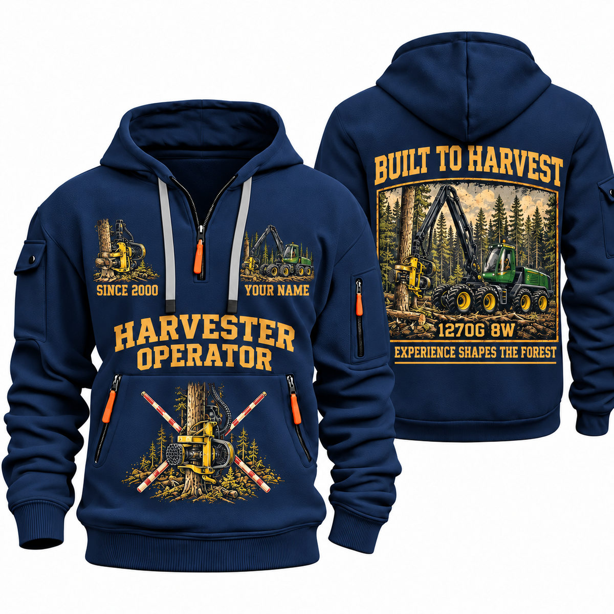 John Deere 1270G 8W Harvester Operator quarter zip hoodie in Navy, front and back views, sample YOUR NAME and SINCE 2000 artwork