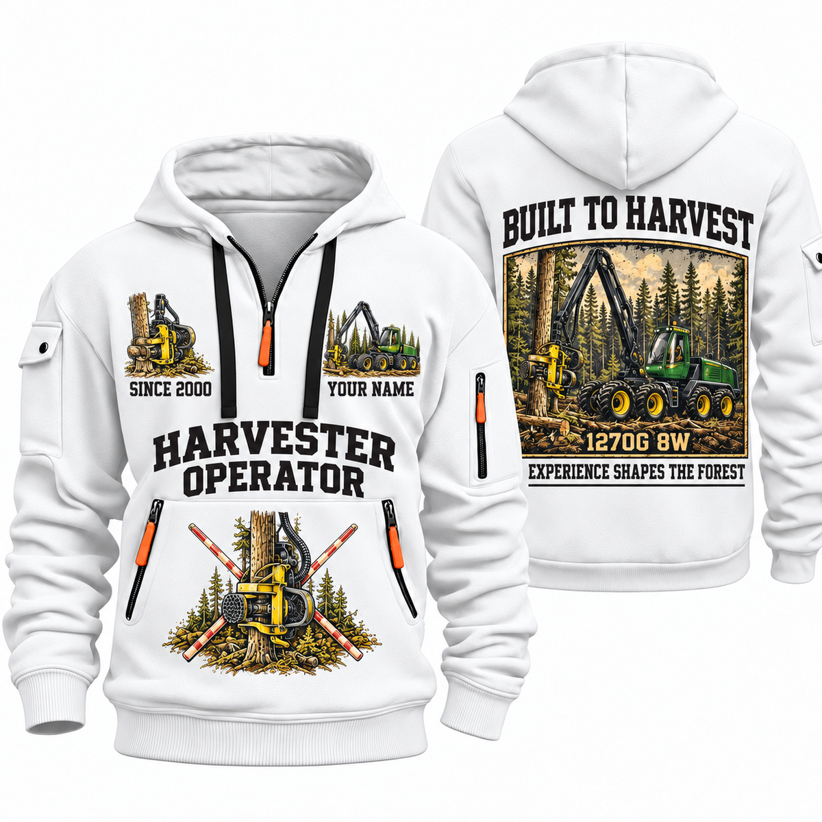 John Deere 1270G 8W Harvester Operator quarter zip hoodie in White, front and back views, sample YOUR NAME and SINCE 2000 artwork