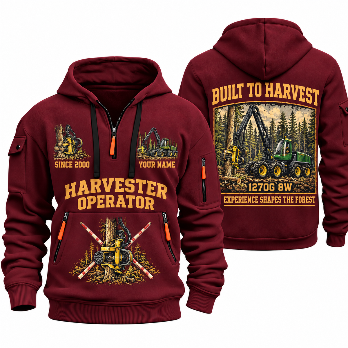 John Deere 1270G 8W Harvester Operator quarter zip hoodie in Wine Red, front and back views, sample YOUR NAME and SINCE 2000 artwork