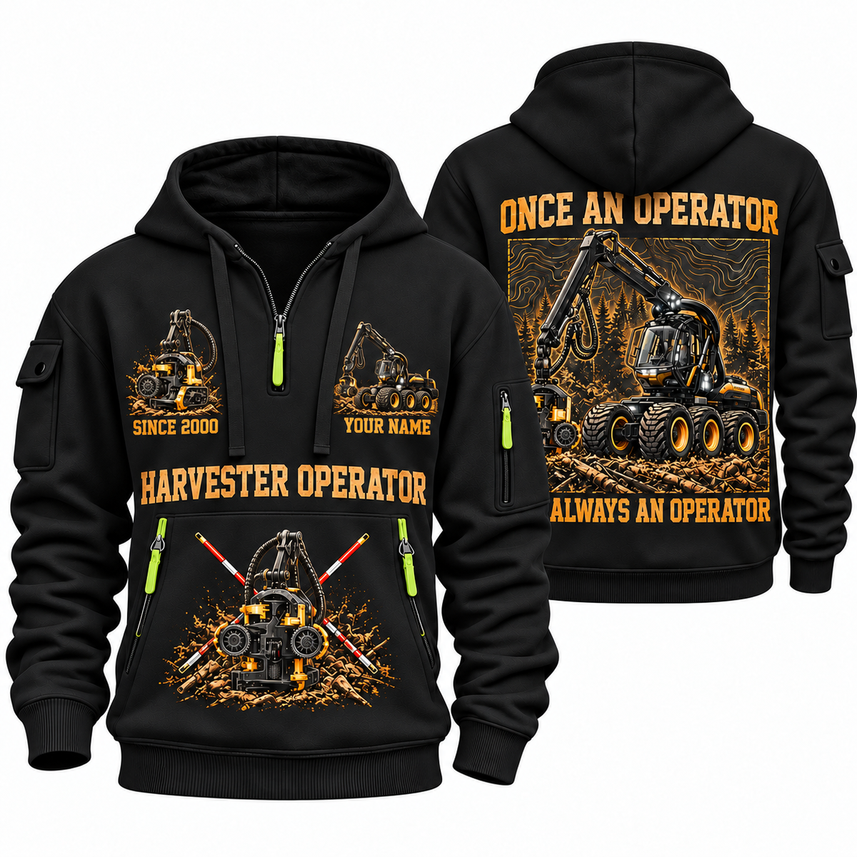 Ponsse Scorpion King Harvester Operator quarter zip hoodie in Black, front and back views, sample YOUR NAME and SINCE 2000 artwork