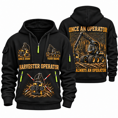 Ponsse Scorpion King Harvester Operator quarter zip hoodie in Black, front and back views, sample YOUR NAME and SINCE 2000 artwork